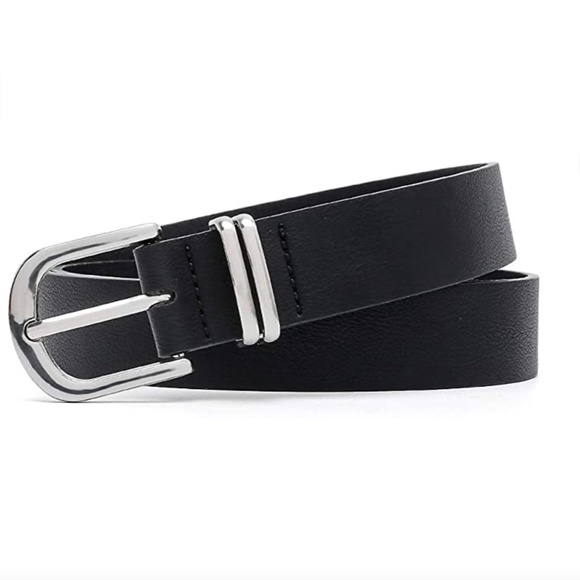 NEW Women's Skinny PU Leather Thin Waist Black Belt with Silver Buckle Size L - Picture 2 of 6